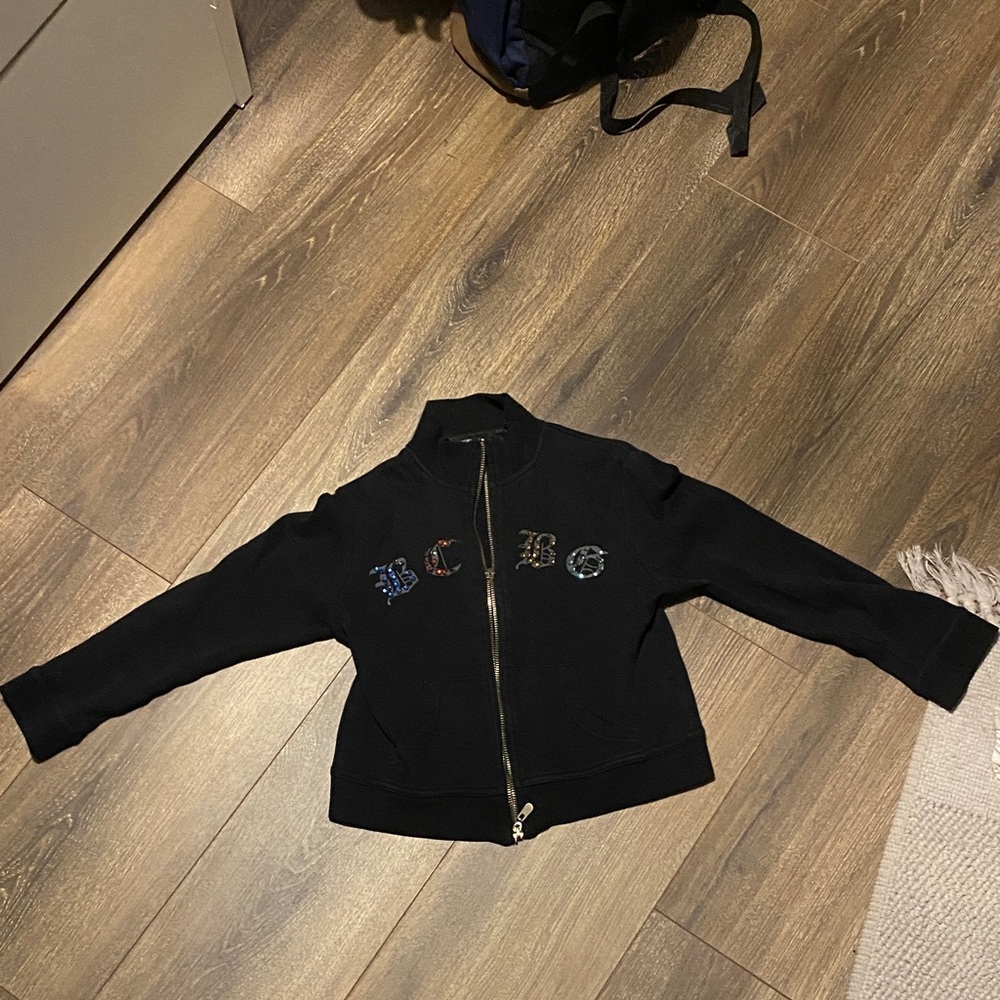 BCBG Black Jacket with Multicolor bedazzled Logo